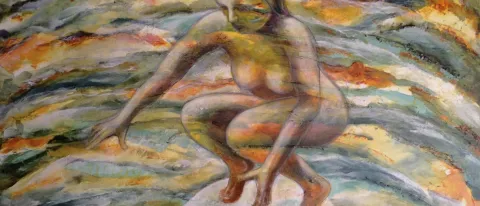 “On the Ball,” acrylic and handmade paper on canvas, by Nora Tryon