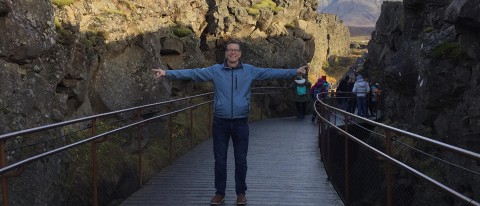 u n e president Herbert poses on a trip in Iceland