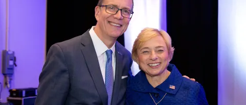 President James Herbert with Governor Mills at the gubernatorial debate hosted by UNE and the Portland Press Herald