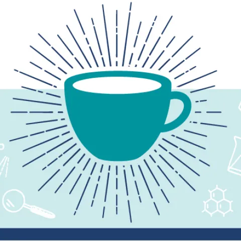 Graphic of a coffee cup surrounded by various icons depicting scientific research