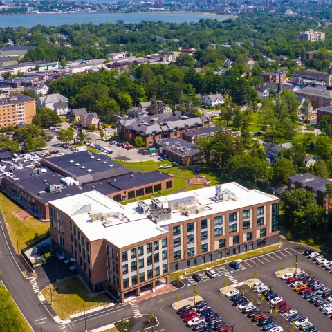 A square-cropped 2025 aerial of UNE's Portland Campus for the Health Sciences